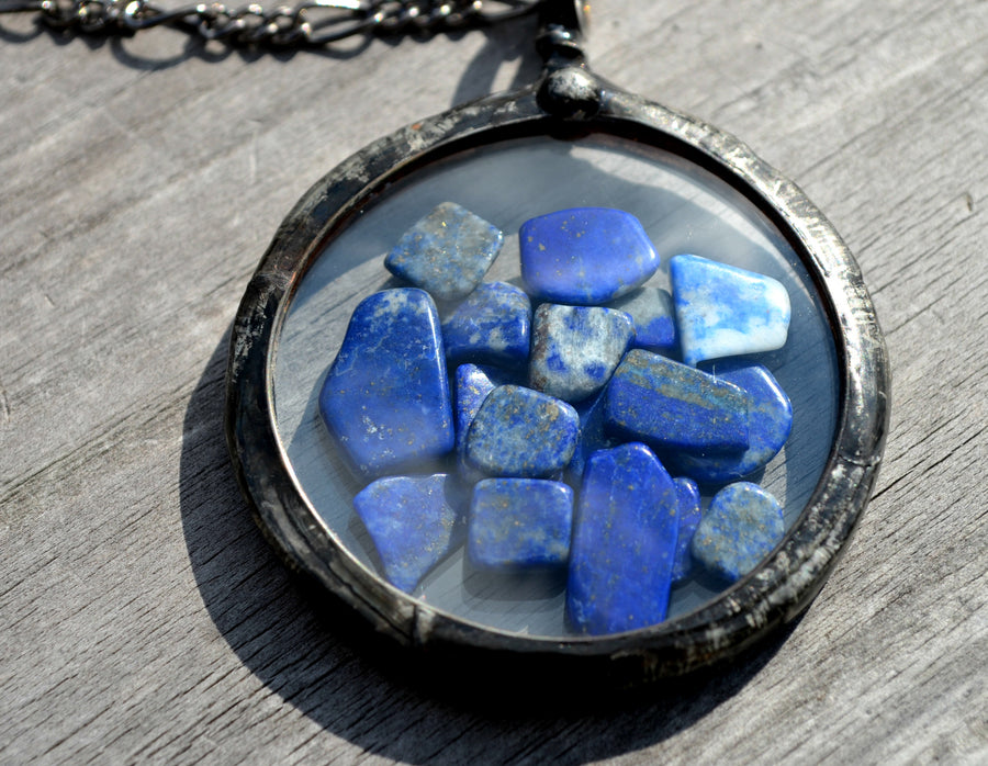 SOLD - Large Lapis Lazuli Statement Necklace, Pocket Watch Crystals