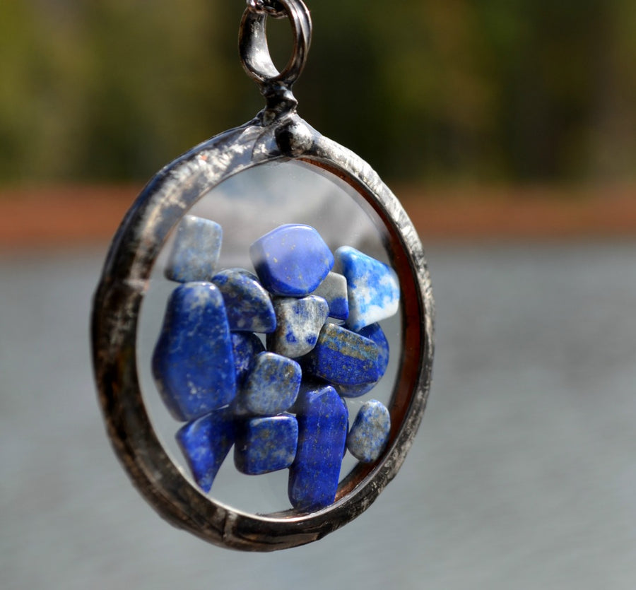 SOLD - Large Lapis Lazuli Statement Necklace, Pocket Watch Crystals