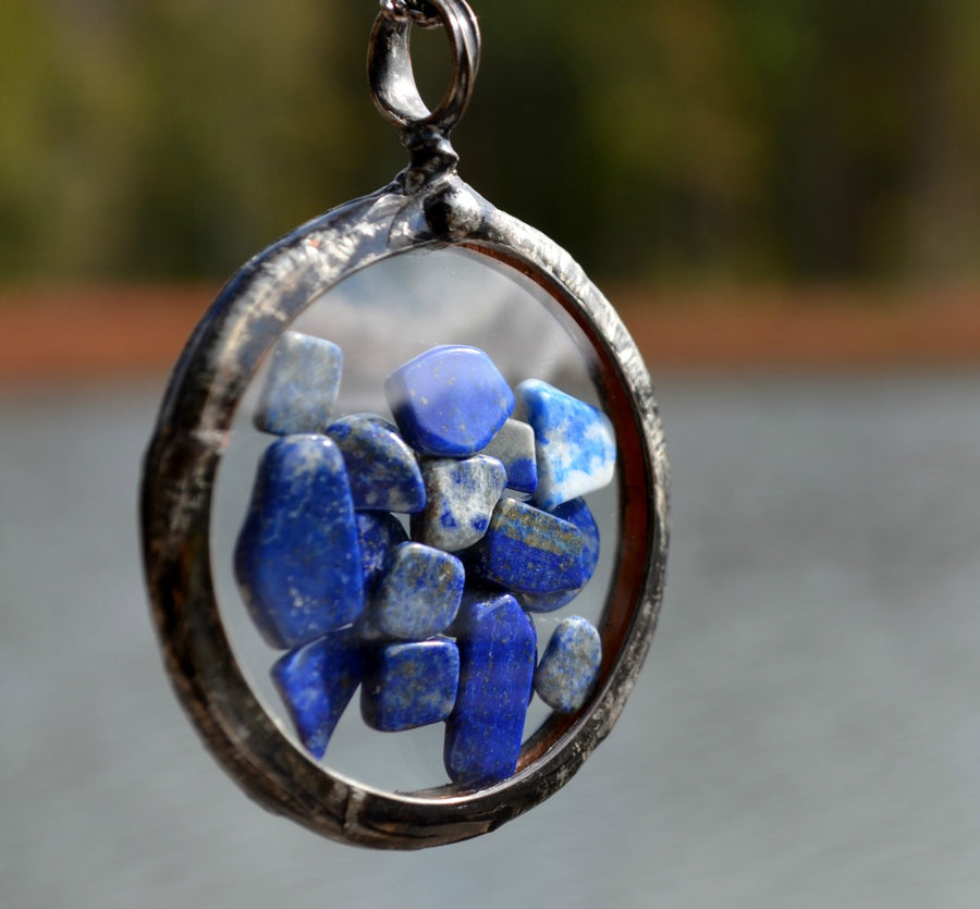 Large Lapis Lazuli Statement Necklace, Pocket Watch Crystals