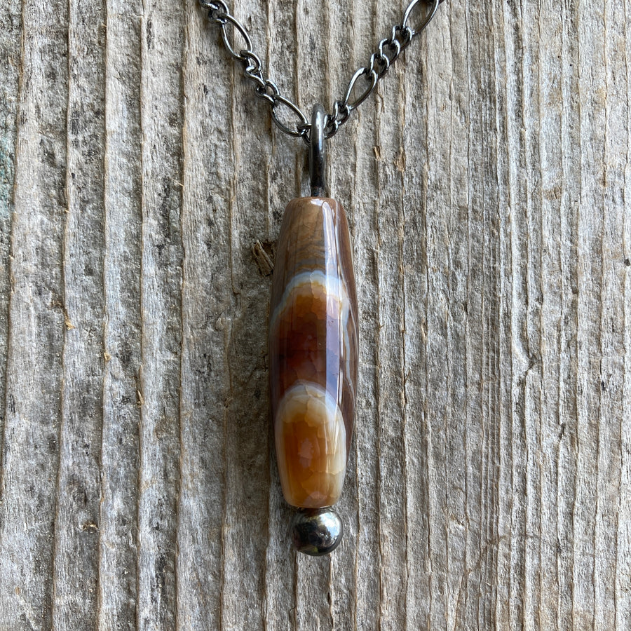 Brown Agate Column Bead Pendant Necklace for Men