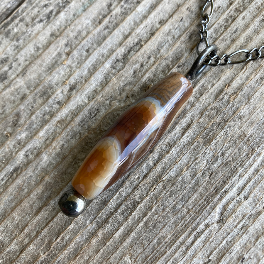 Brown Agate Column Bead Pendant Necklace for Men