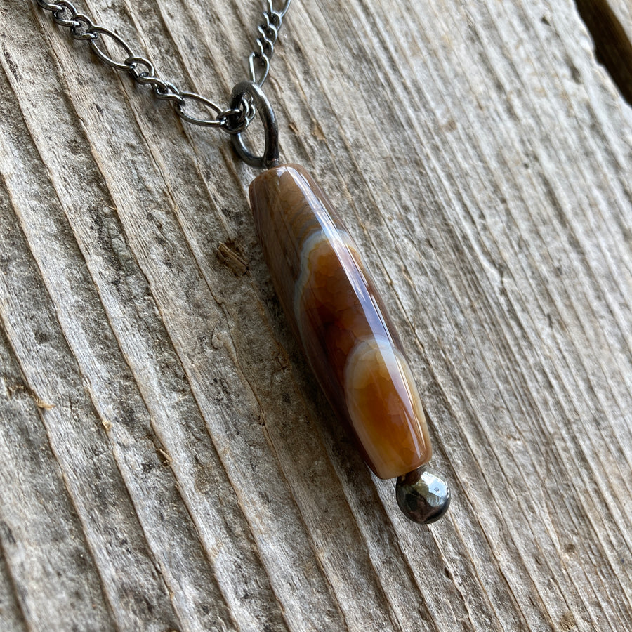 Brown Agate Column Bead Pendant Necklace for Men