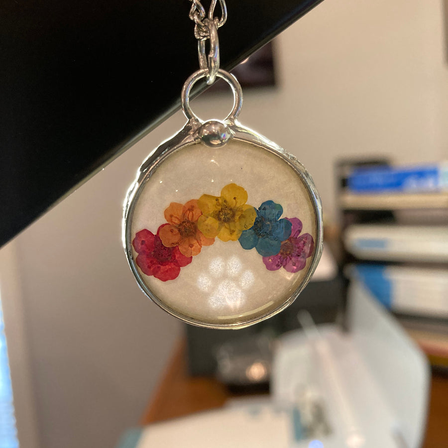Rainbow bridge with real pressed flowers pendant Necklace - Dog memorial - Gift for pet loss - Truly Hand Made in USA by Louisiana Artisan at Bayou Glass Arts.