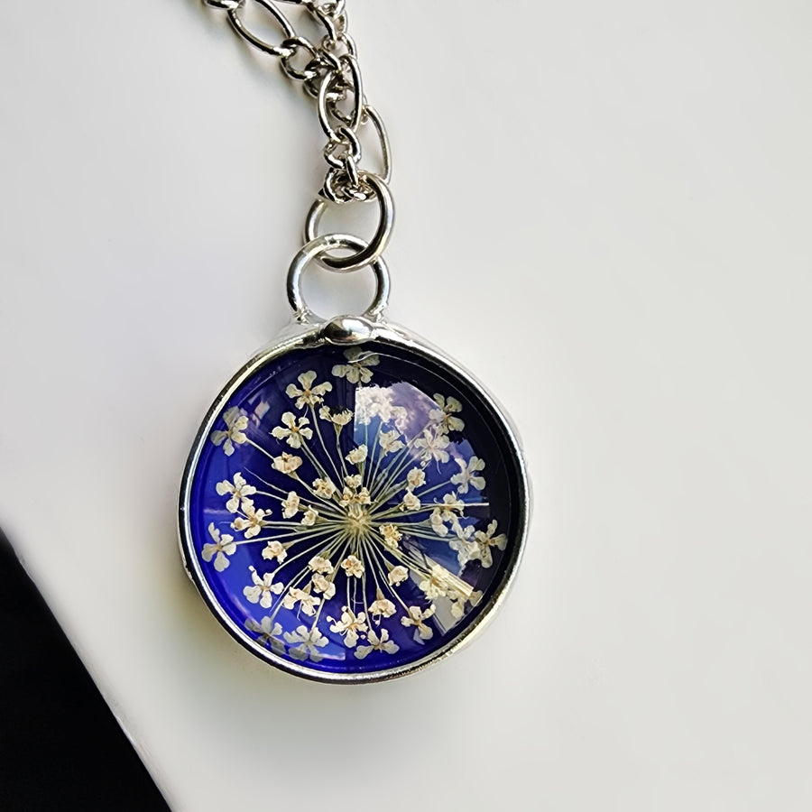 Stained Glass Necklace for Women, Ruby Red Glass with Queen Anne's Lace