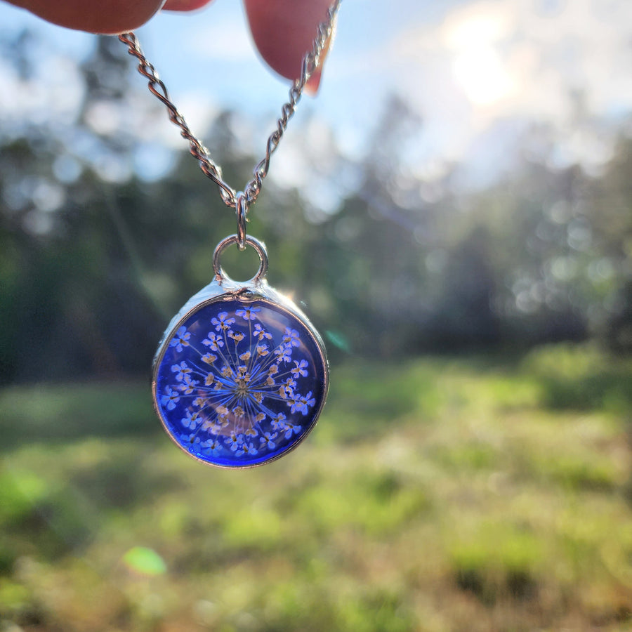 Stained Glass Necklace, Blue with Queen Anne's Lace