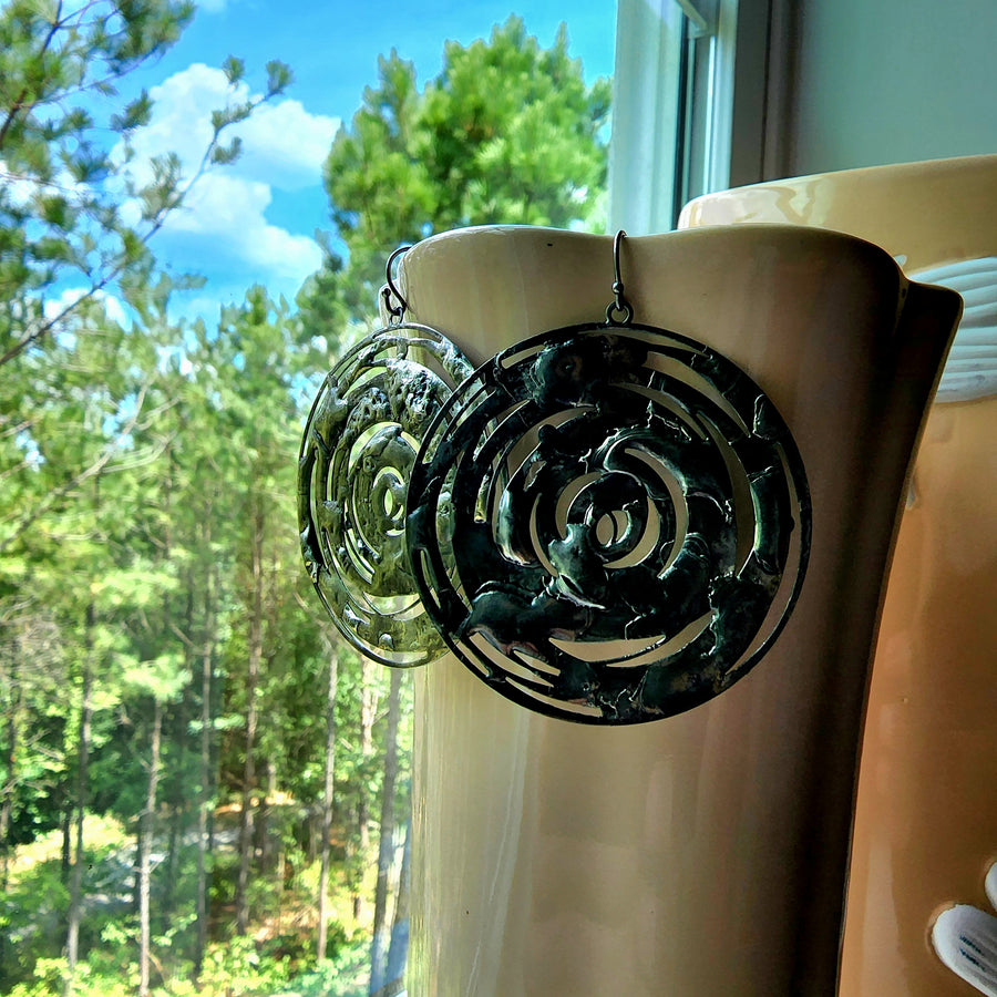 Handmade Silver Hoop Earrings. Heavy Statement Earrings. Truly hand made in USA by Louisiana artisan at Bayou Glass Arts studio.