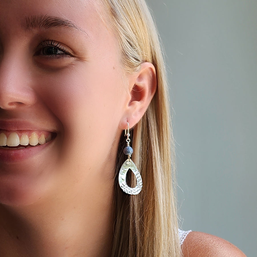 Textured Tear with Matte Blue Bead Earrings