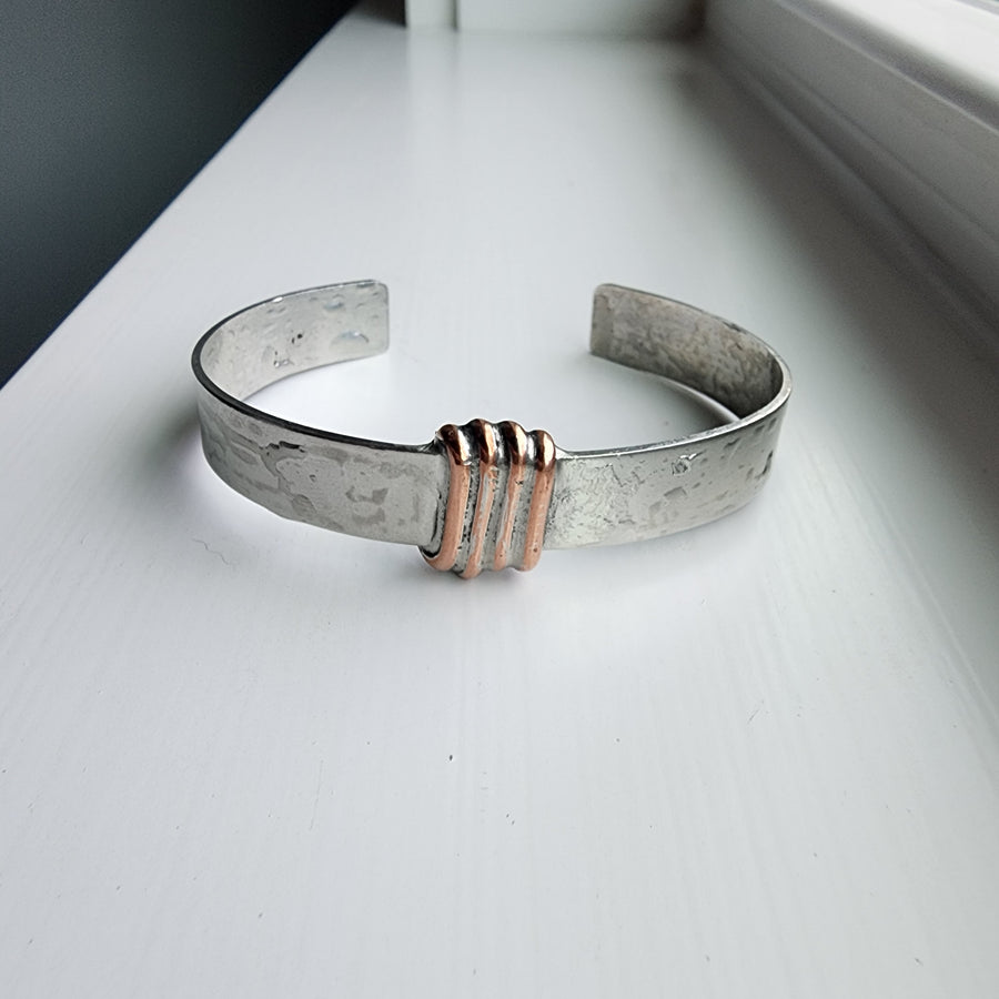  Mixed Metal Cuff Bracelet for Women, Silver tone cuff with copper wire wrap minimalist decoration. All Bayou Glass Arts Jewelry is hand made in USA with no lead, no cadmium, no nickel and no zinc.