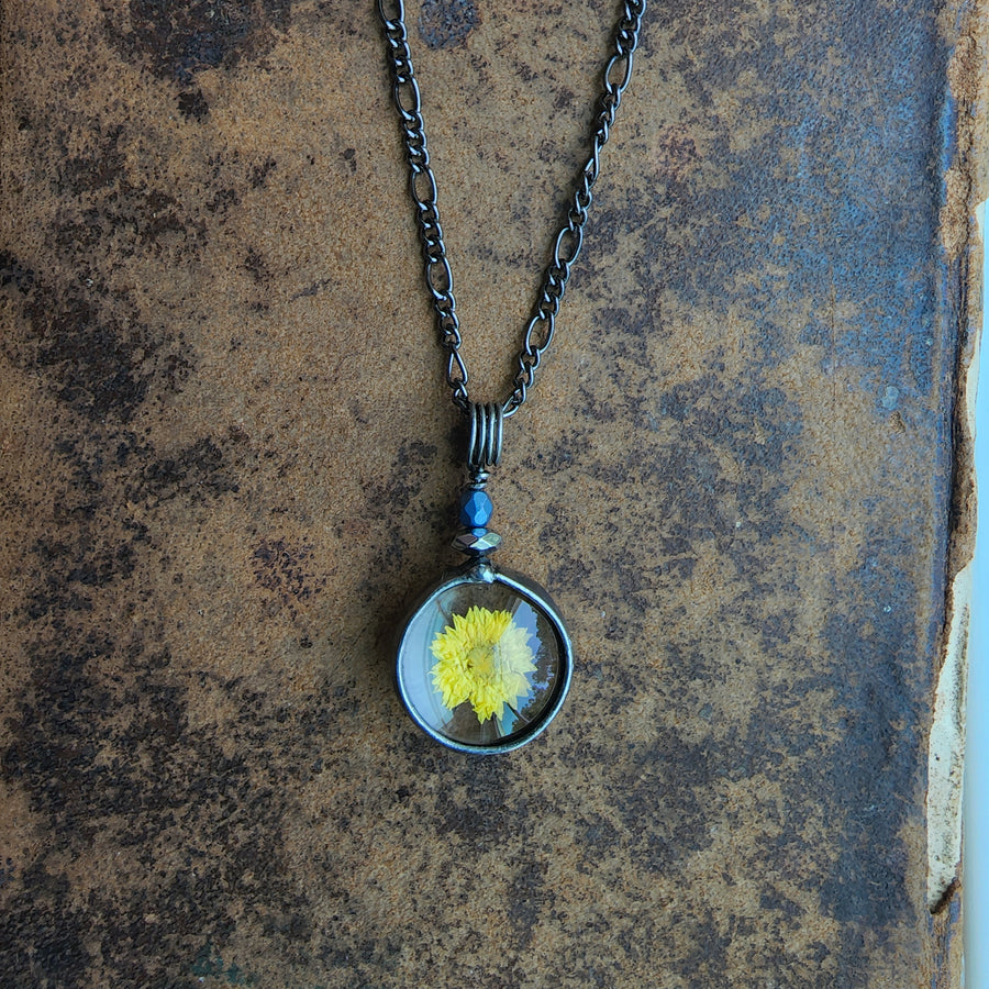 Handmade Dainty Yellow Wildflower Pendant Necklace. Truly hand made in USA by Louisiana artisan at Bayou Glass Arts studio.