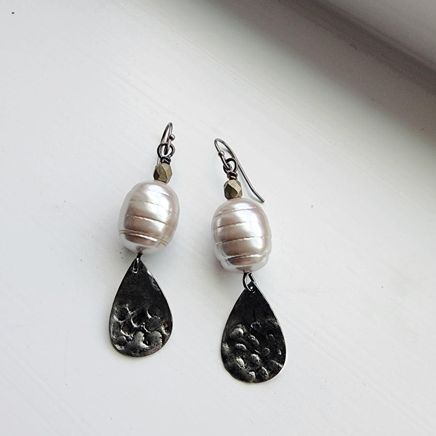 Pearl Earrings with Tear Drop Charm