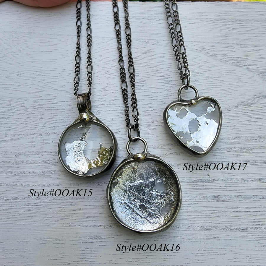 3 one of a kind solder splatter pendants. Heart, Oval or teardrop. Truly hand made in USA by Louisiana artisan at Bayou Glass Arts studio.