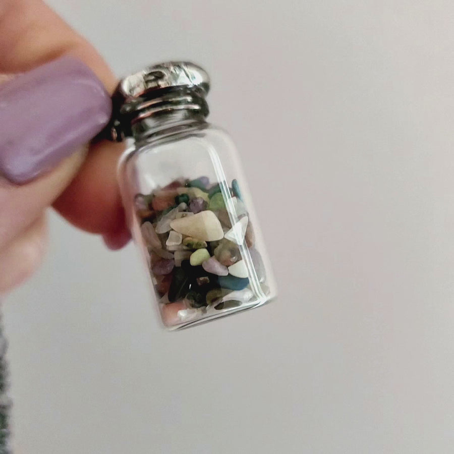 SOLD - Tiny Polished Gemstones in Vintage Glass Bottle Fidget Necklace