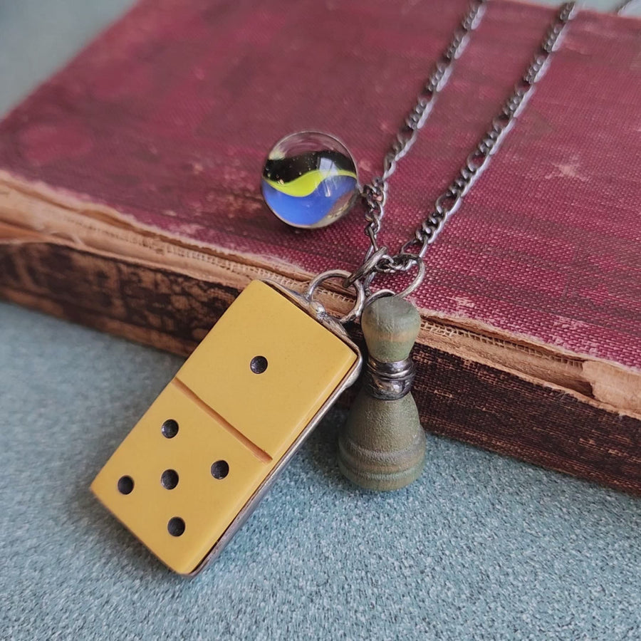 SOLD - Vintage Mix of Domino, Marble & Wooden Token Pendant Necklace
