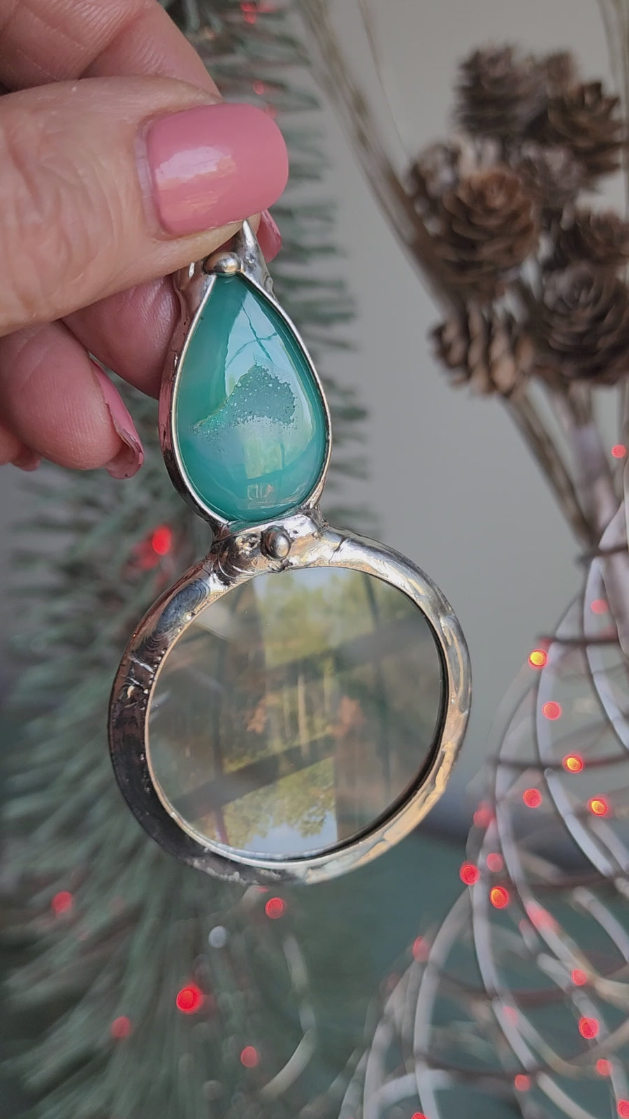 Glass Magnifier Necklace with Blue Green Agate Druzy - SOLD