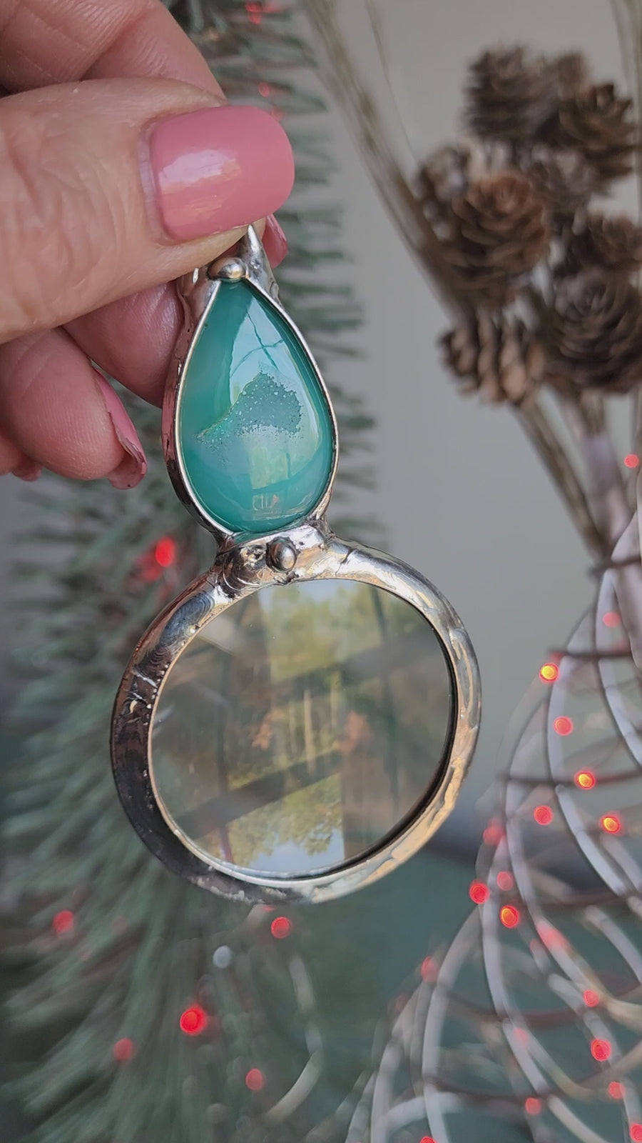 Glass Magnifier Necklace with Blue Green Agate Druzy