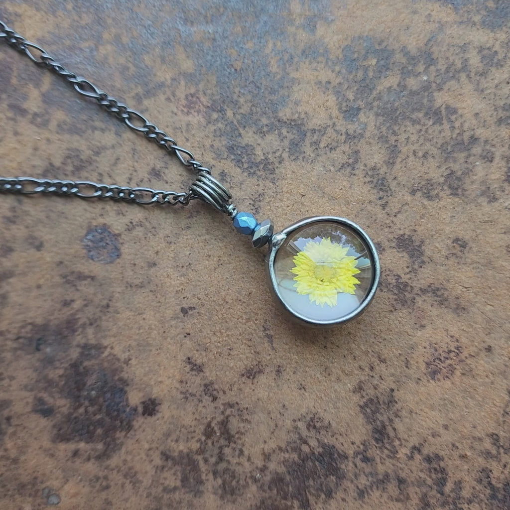 Handmade Dainty Yellow Wildflower Pendant Necklace. Truly hand made in USA by Louisiana artisan at Bayou Glass Arts studio.