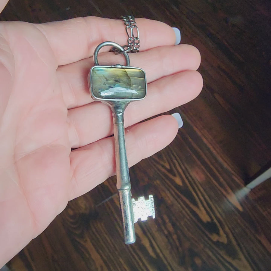 Antique, Repurposed Skeleton Key with Golden Labradorite Pendant - SOLD
