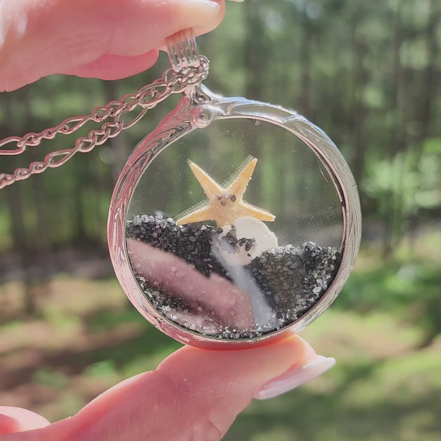 Pocket Watch Crystal Pendant, Starfish, Sand Dollar & Black Sand