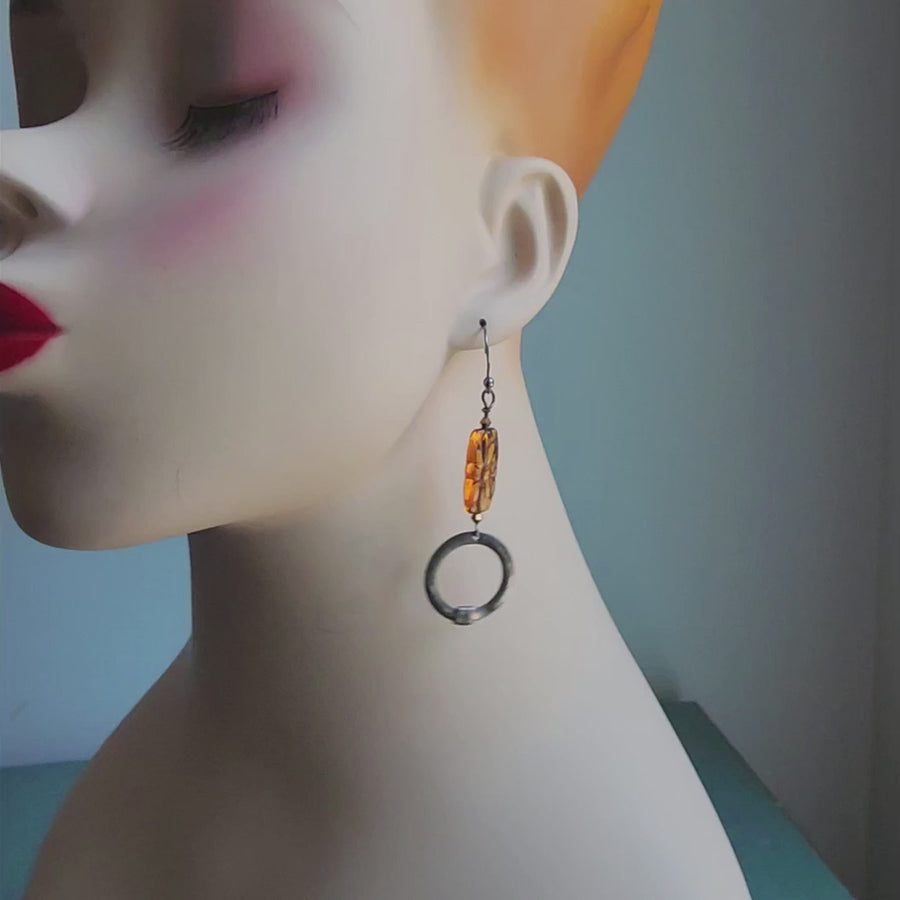 Long Handmade Amber Glass Earrings