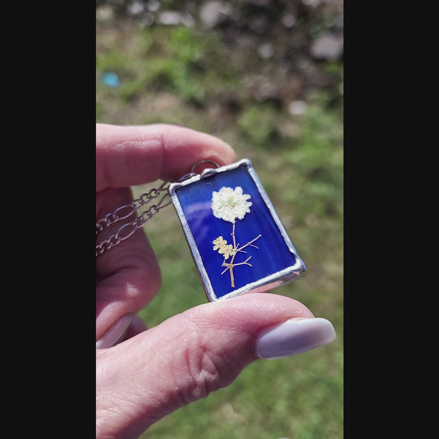 SOLD - Blue Stained Glass with Pressed Flower Pendant