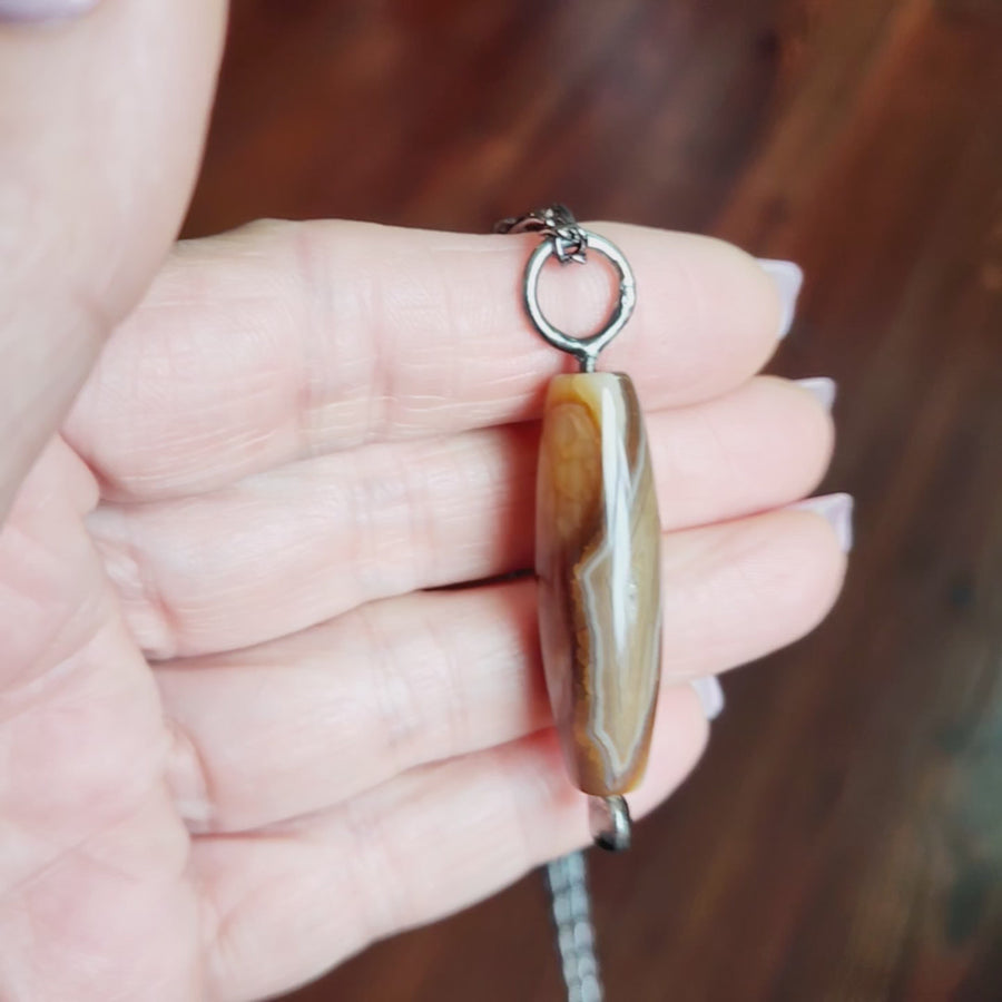 Brown Agate Column Bead Pendant Necklace for Men