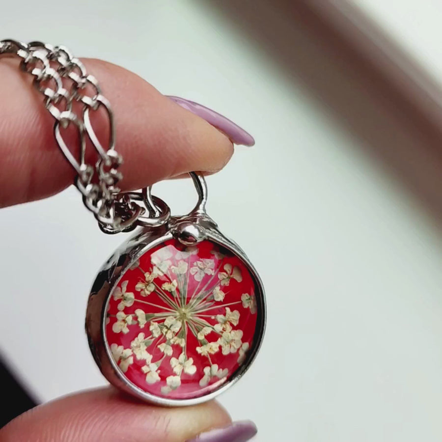 Stained Glass Necklace for Women, Ruby Red Glass with Queen Anne's Lace