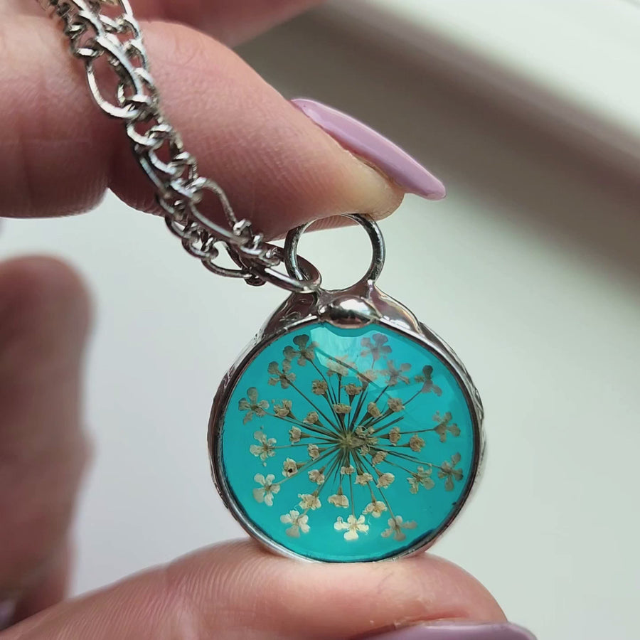 Stained Glass Jewelry, Peacock Blue Glass with Queen Anne's Lace