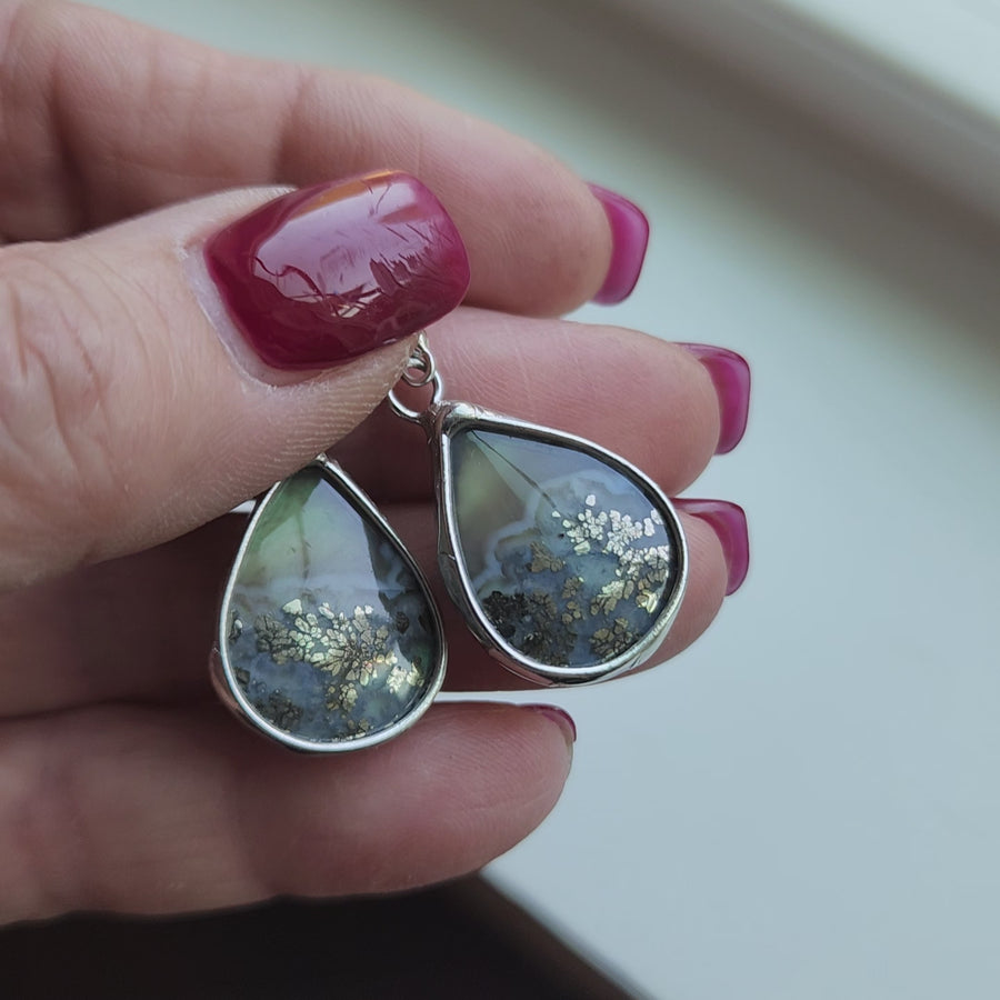 Agate & Pyrite Earrings, Green Doublet, SS Ear Wires