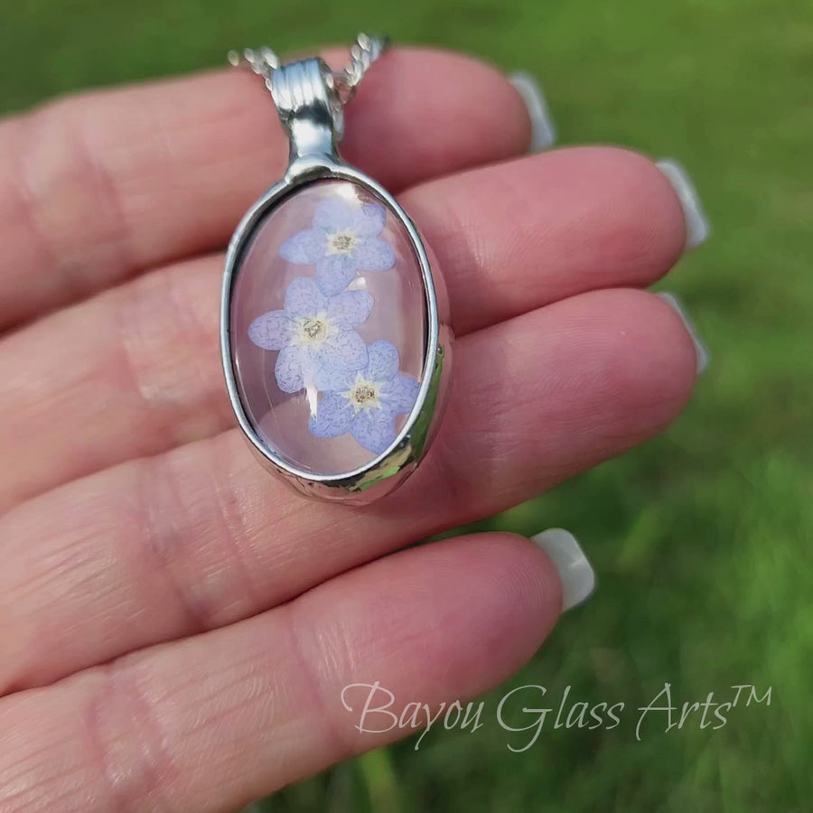 Real Pressed Forget Me Nots in Glass Pendant