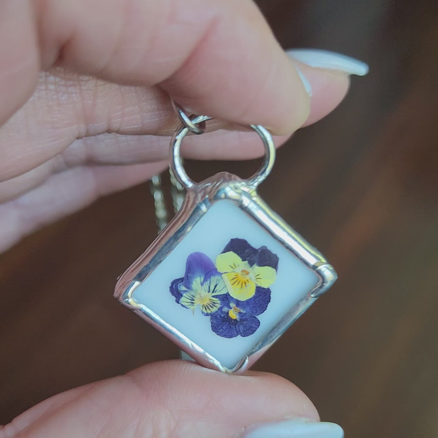 SOLD - Real Pressed Flower Jewelry, Violas, Stained Glass