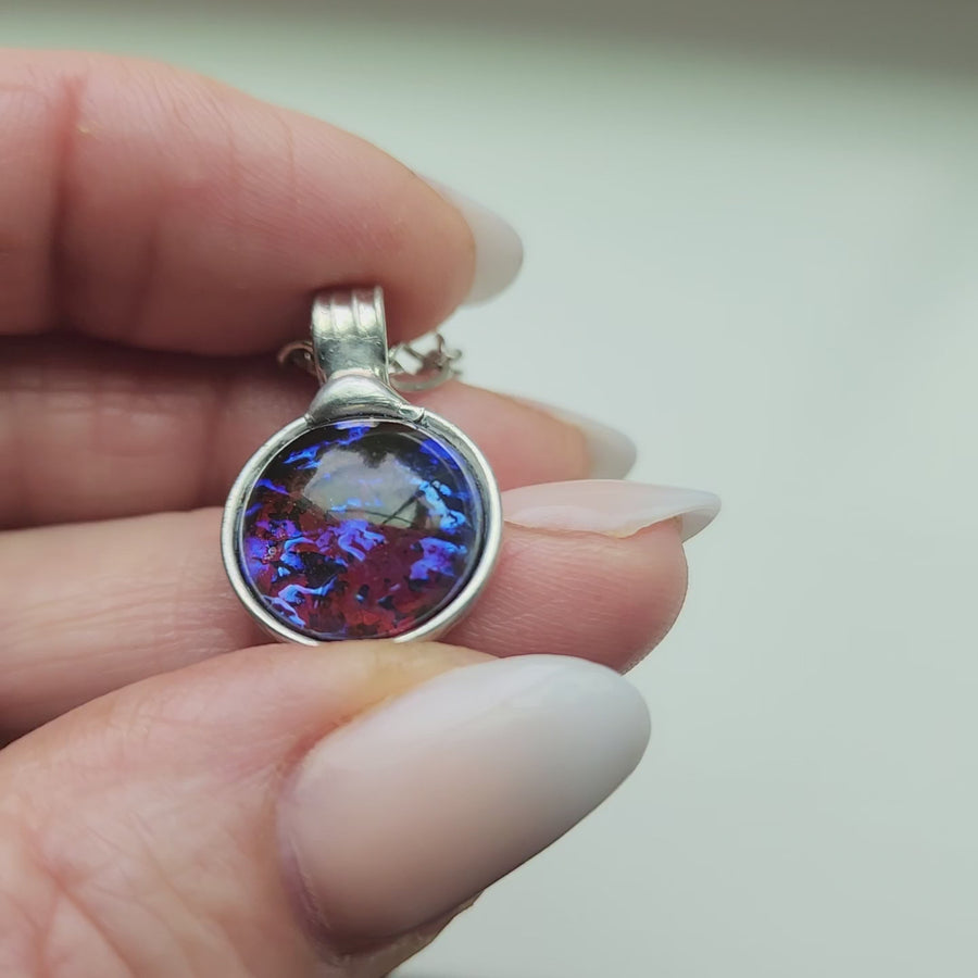 Small Glass Pendant, Blue Galaxy Opal Necklace