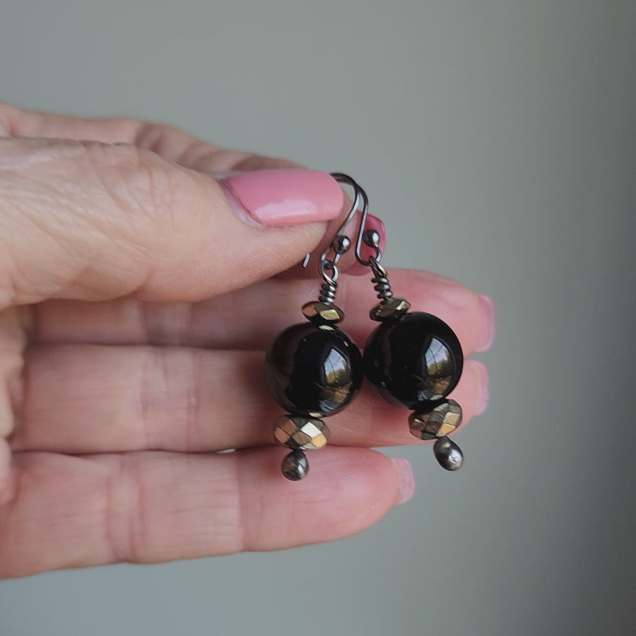 Black Glass with Faceted Pyrite Bead Earrings