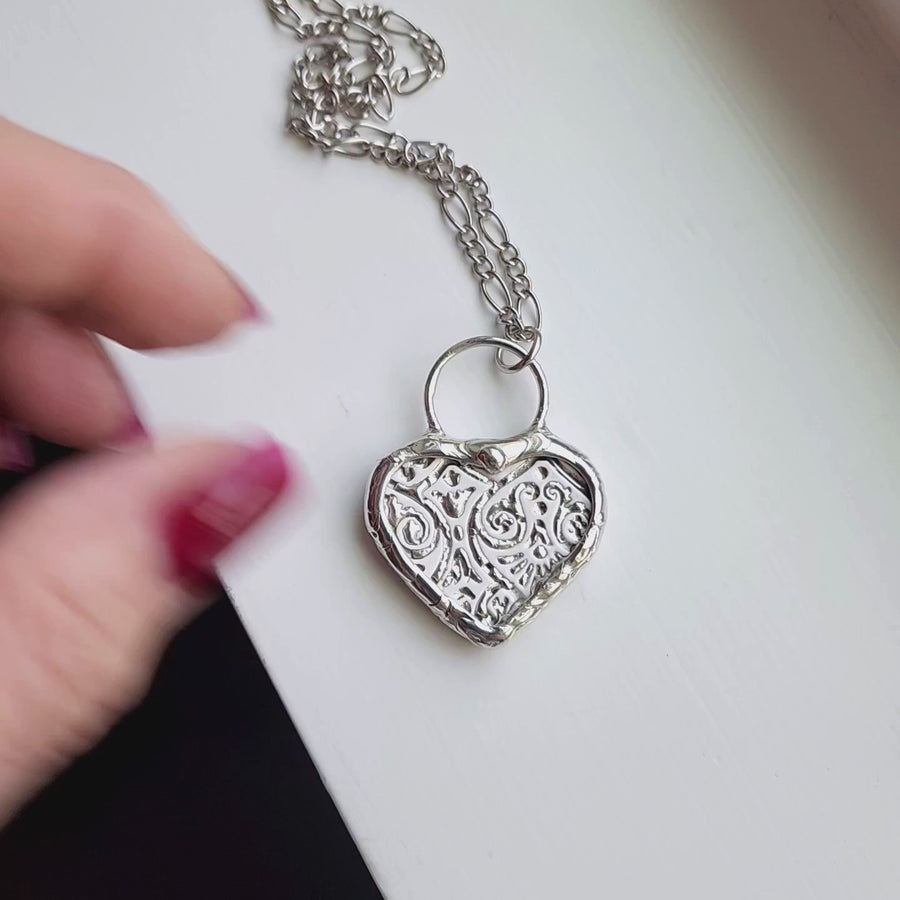 Heart Pendant Necklace, Broken China, Silver Finish