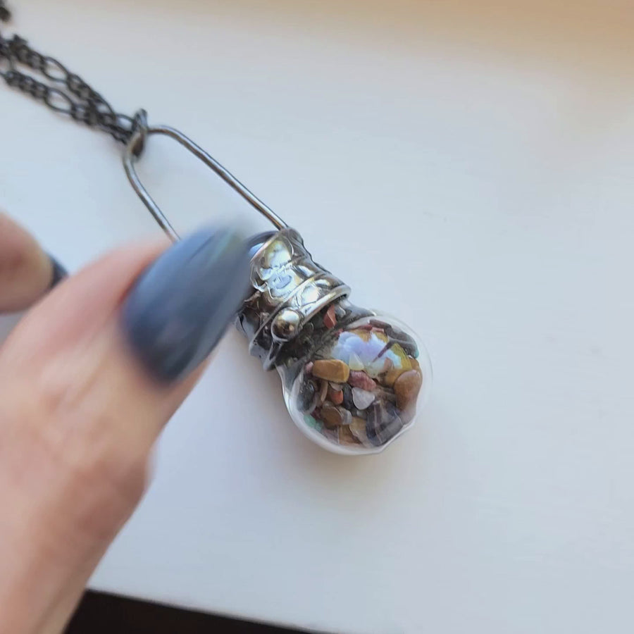 Glass Bottle Pendant with Various Polished Gemstones