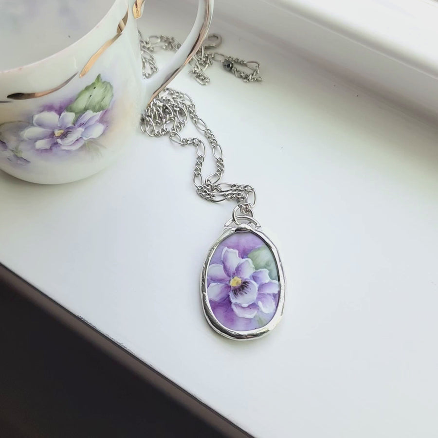 Hand Painted Wild Violet Pendant, Repurposed China Jewelry