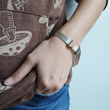 Mixed Metal Cuff Bracelet for Women, Silver tone cuff with copper wire wrap minimalist decoration. All Bayou Glass Arts Jewelry is hand made in USA with no lead, no cadmium, no nickel and no zinc.