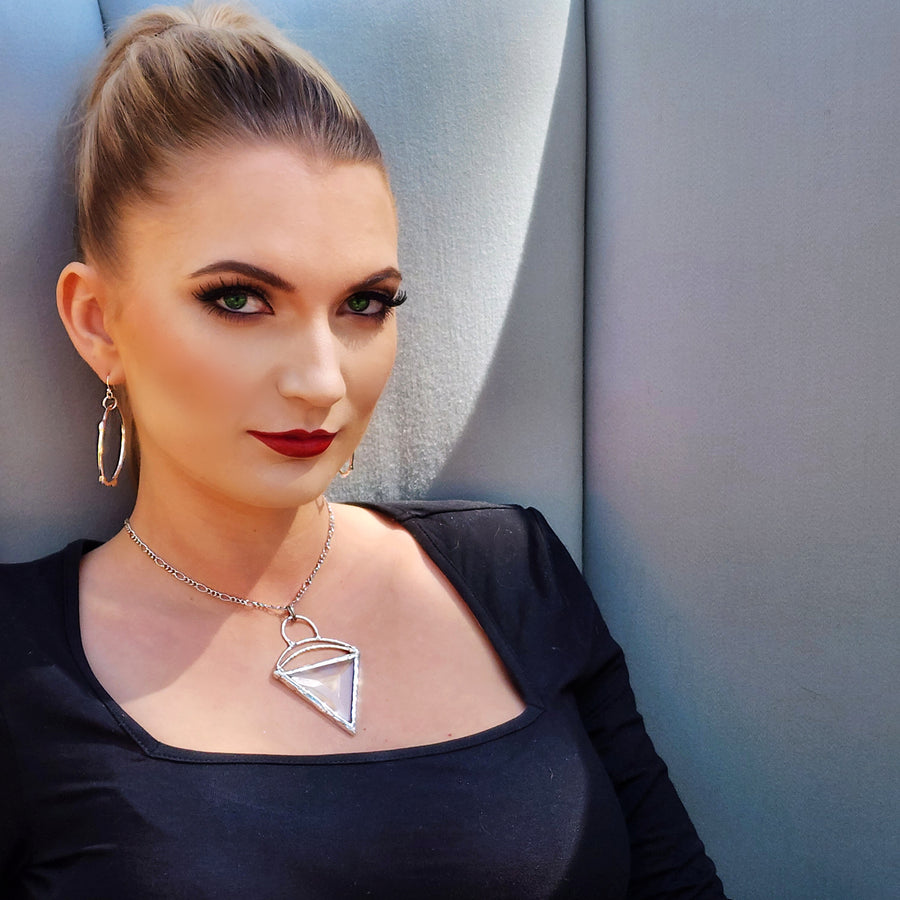 Handmade Bevel Stained Glass Pendant Necklace on model. Truly hand made in USA by Louisiana artisan at Bayou Glass Arts studio.