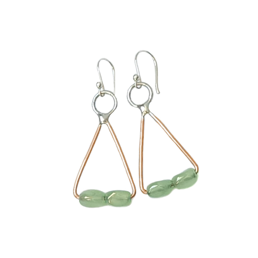 Triangle Earrings with Green Glass Beads