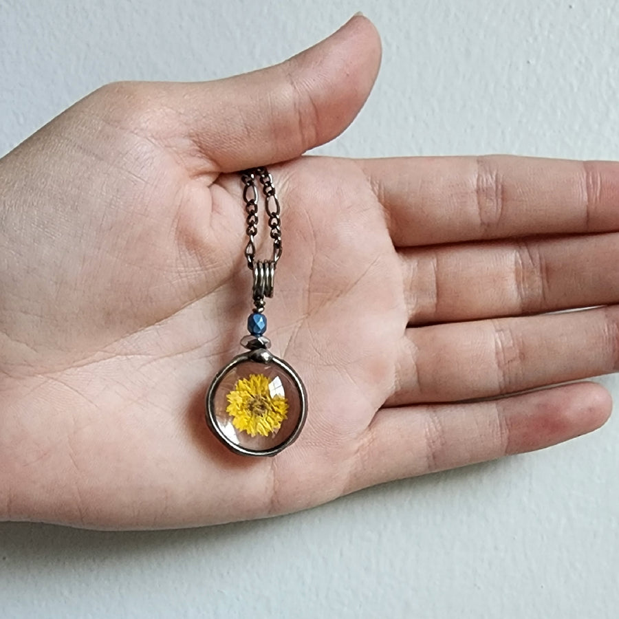 Handmade Dainty Yellow Wildflower Pendant Necklace. Truly hand made in USA by Louisiana artisan at Bayou Glass Arts studio.