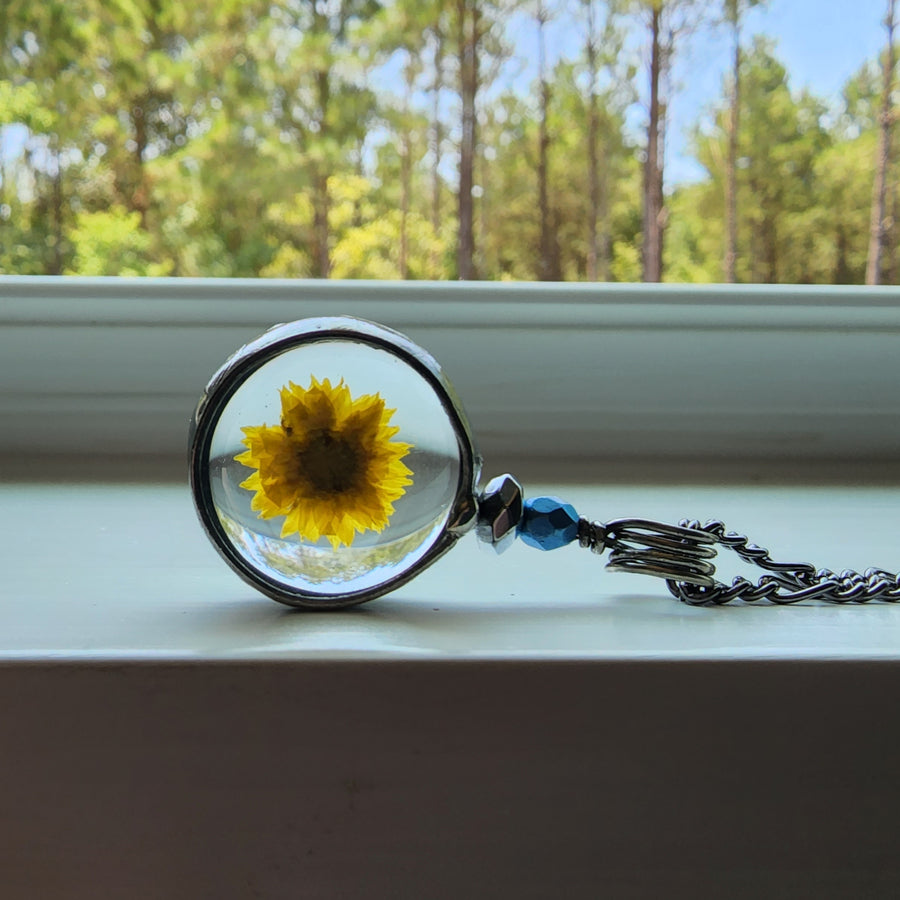 Handmade Dainty Yellow Wildflower Pendant Necklace. Truly hand made in USA by Louisiana artisan at Bayou Glass Arts studio.
