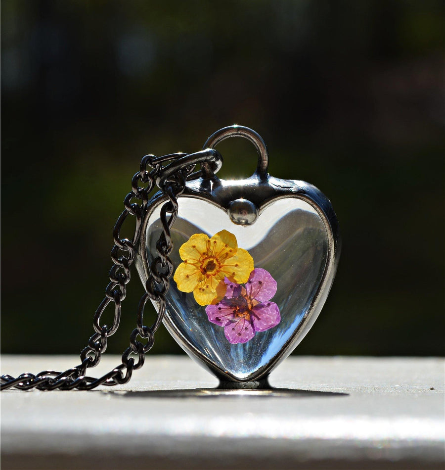 Purple and Gold Forget Me Not Heart Necklace - Bayou Glass Arts