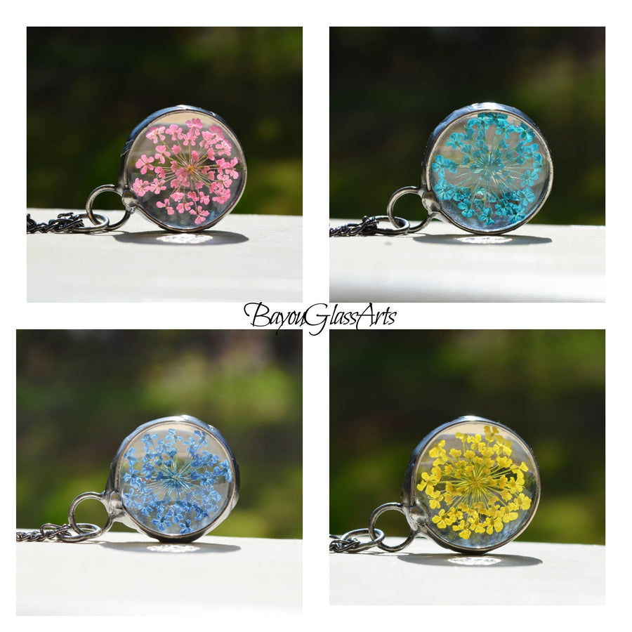 four_picture_collage pink aqua blue and yellow queen annes lace pendants Truly Hand Made in USA by Louisiana Artisans at Bayou Glass Arts Studio