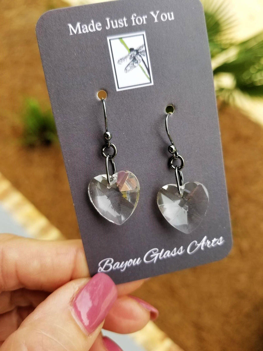 Crystal Heart Earrings Truly Hand Made in USA by Louisiana Artisans at Bayou Glass Arts Studio. Sterling Silver Earwires  and components. Crystal