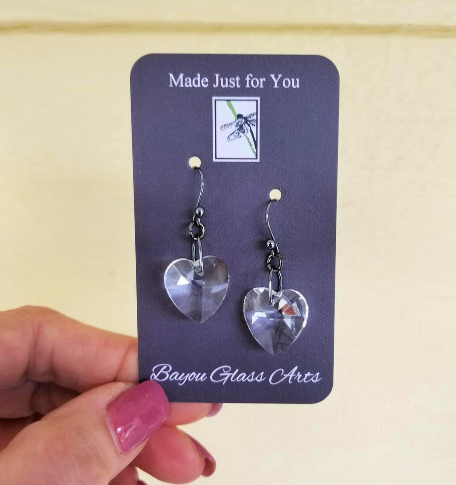 Crystal Heart Earrings Truly Hand Made in USA by Louisiana Artisans at Bayou Glass Arts Studio. Sterling Silver Earwires  and components. Crystal