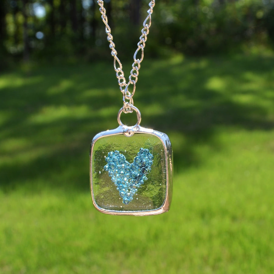 Blue bubble heart pendant, square glass with blue heart fused inside. Quality plated fully adjustable figaro chain. Best gift for Mom Wife Girlfriend Sister 