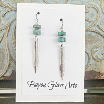 Real Turquoise beads atop new old antique pen nibs with sterling silver ear wires. Hand Made in USA by Louisiana Artisan at Bayou Glass Arts Studio. 