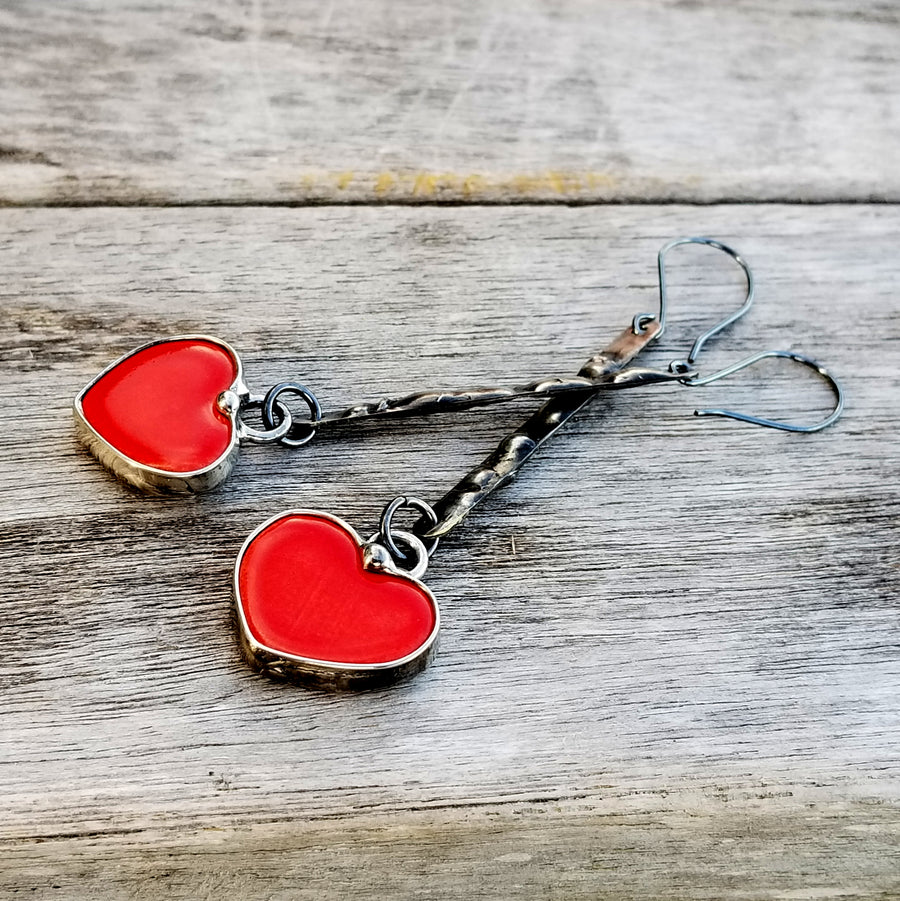 Handmade red ceramic heart dangle long earrings have lots of fun movement. Truly hand made in USA by Louisiana Artisan at Bayou Glass Arts Studio.