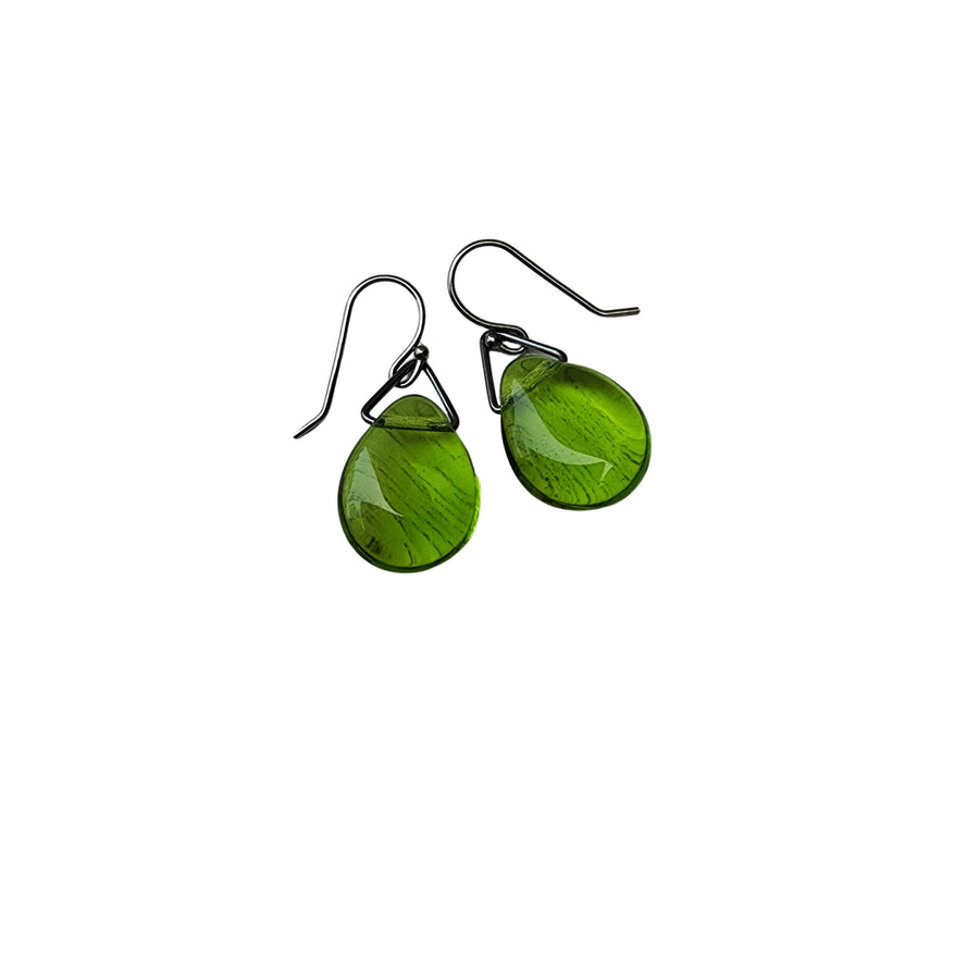 Small Green Glass Teardrop Earring, Vintage Glass Truly Hand Made in USA by Louisiana Artisans at Bayou Glass Arts Studio. Best gift for Wedding, Mom, Sister, Daughter. Sterling Silver components.