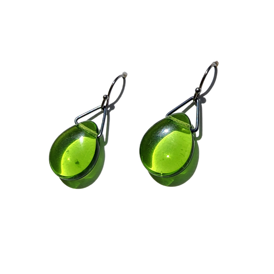 Small Green Glass Teardrop Earring, Vintage Glass Truly Hand Made in USA by Louisiana Artisans at Bayou Glass Arts Studio. Best gift for Wedding, Mom, Sister, Daughter. Sterling Silver components.