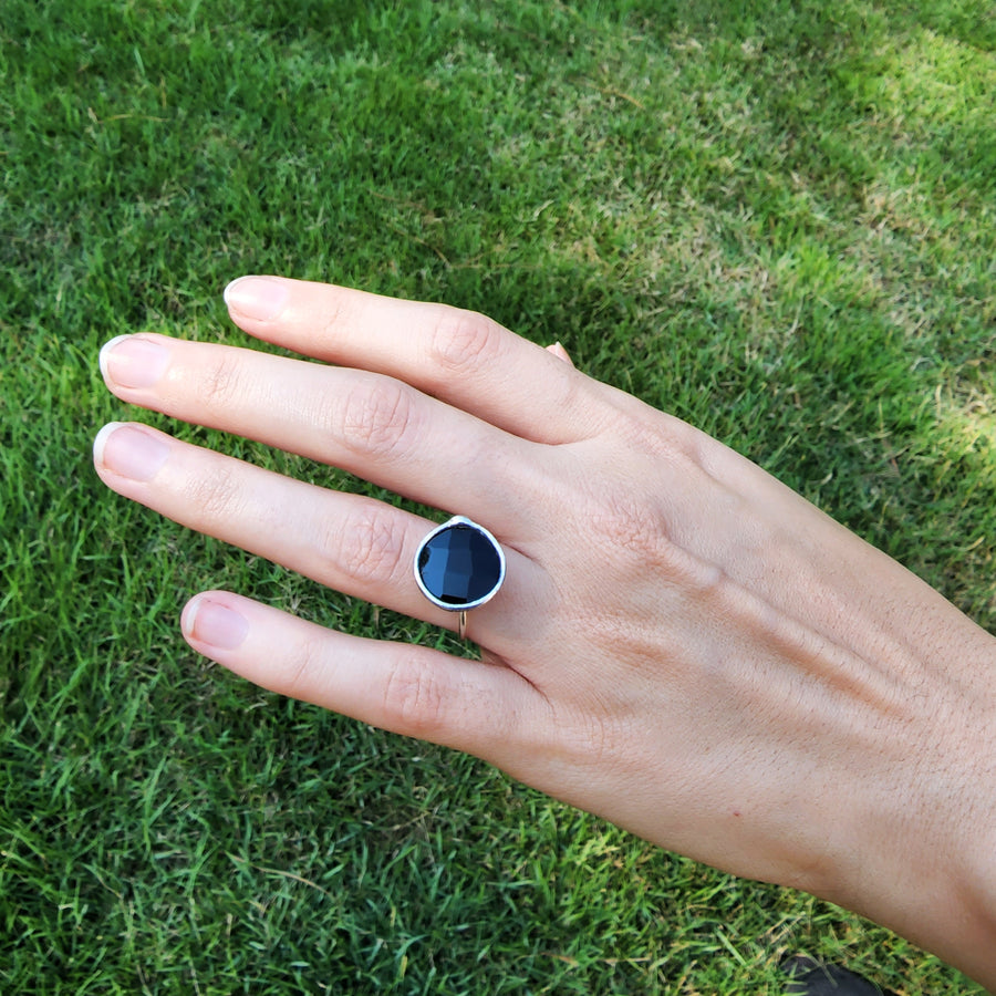 Hand Crafted Black Glass Faceted Ring on adjustable Sterling Silver Band. Hand made in USA by Louisiana Artisan at Bayou Glass Arts Studio.